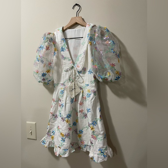 J. ING Sailor Peter Pan Color Floral Embroidered Puff Sleeve Ruffle Dress Small - Picture 4 of 12